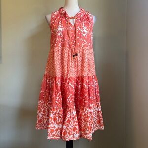 Orange Floral Tiered Cotton Boho Sleeveless Dress Medium whimsi preppy romantic